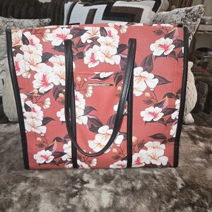🌺 Large Red & Cherry Blossom Themed Tote Bag with Black Trim By Steve Madden